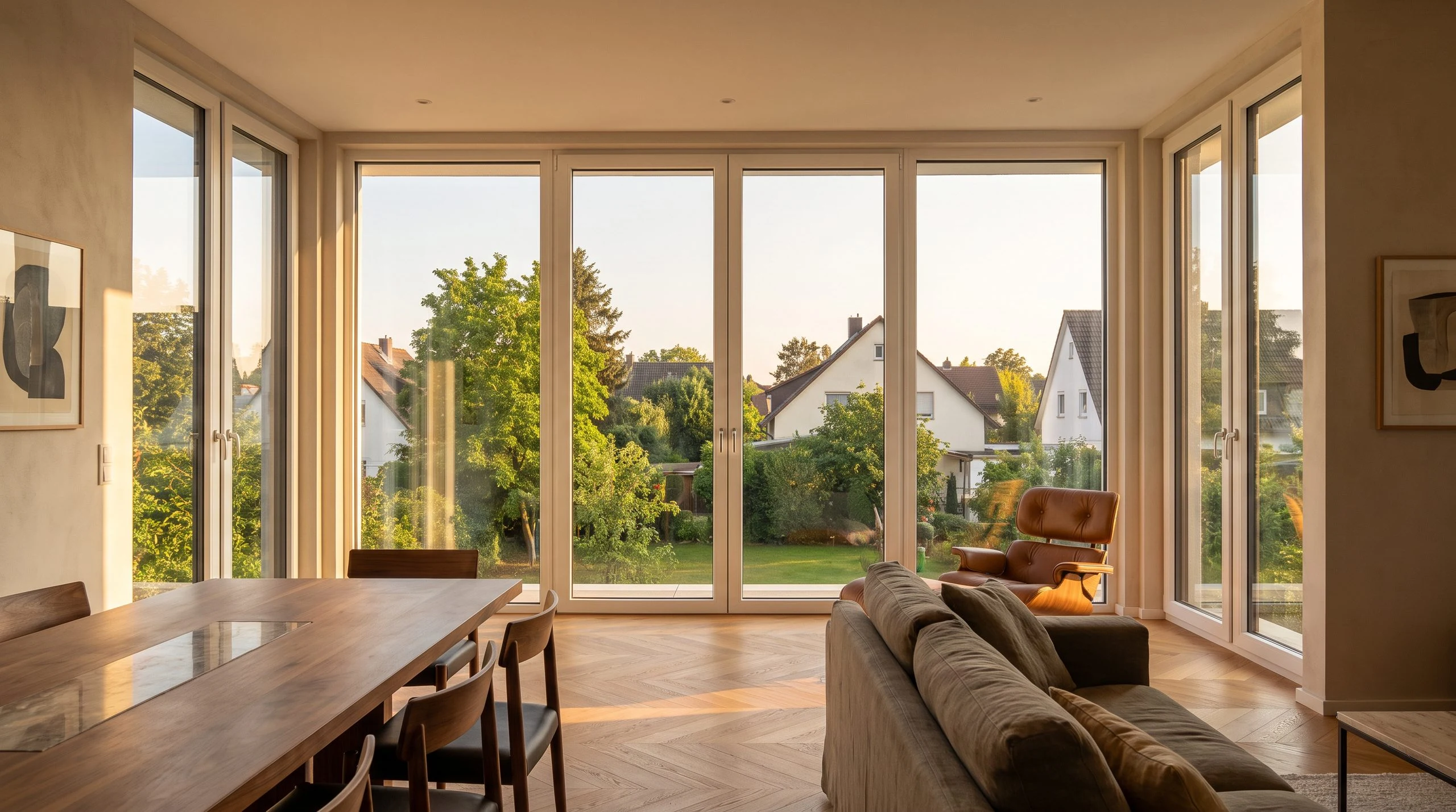 Helles Wohnzimmer mit bodentiefen Fenstern und Blick in den Garten — Fenster nach Maß von Fensterbau Deluxe