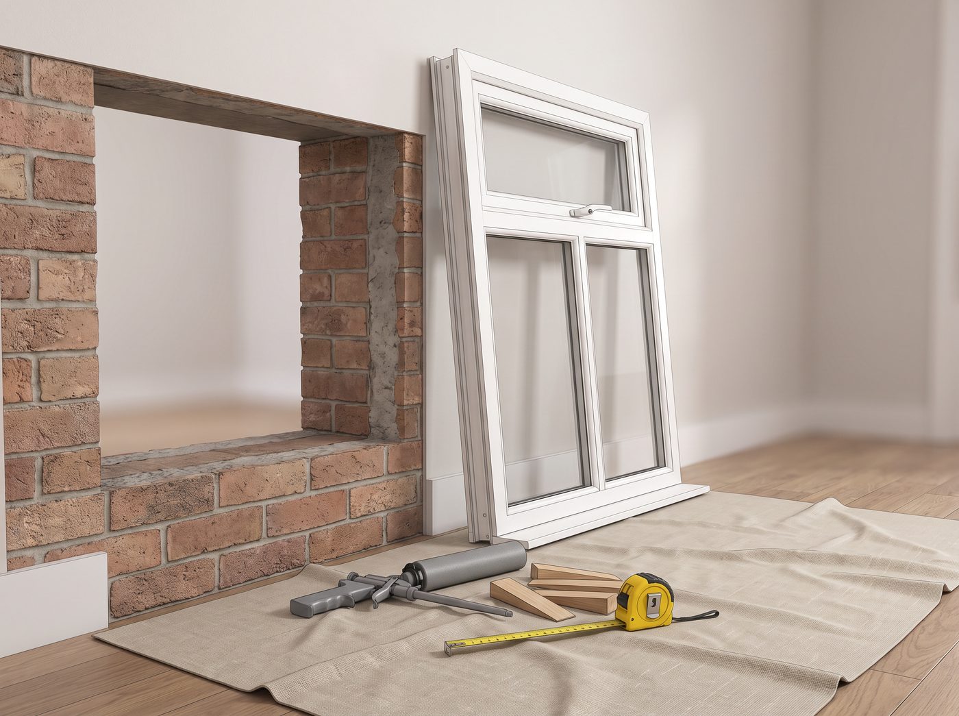 Neuer Fensterrahmen mit Montagematerial vor der vorbereiteten Öffnung