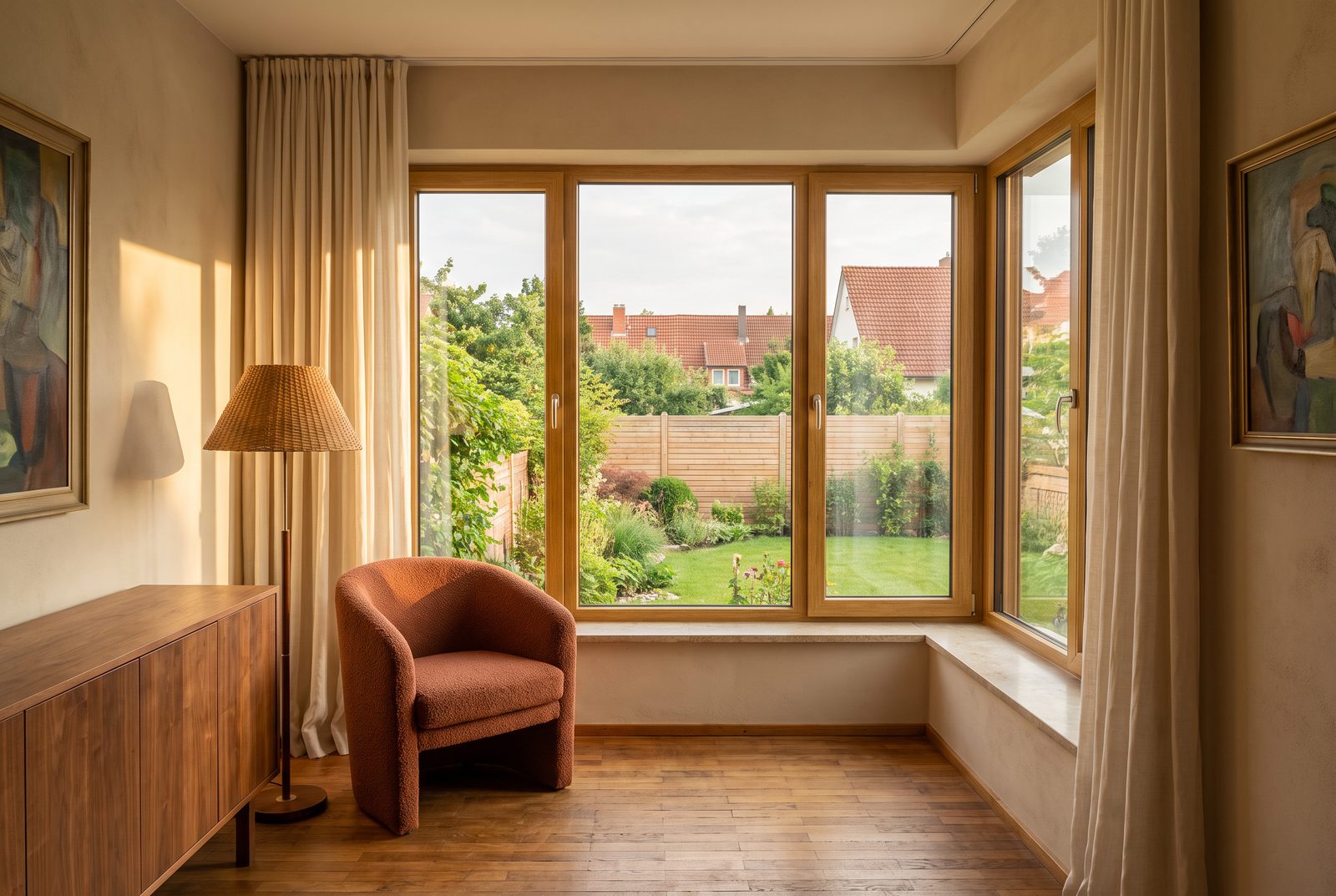Fenster in Golden Oak an einer typischen Fassade — Wohnbeispiel