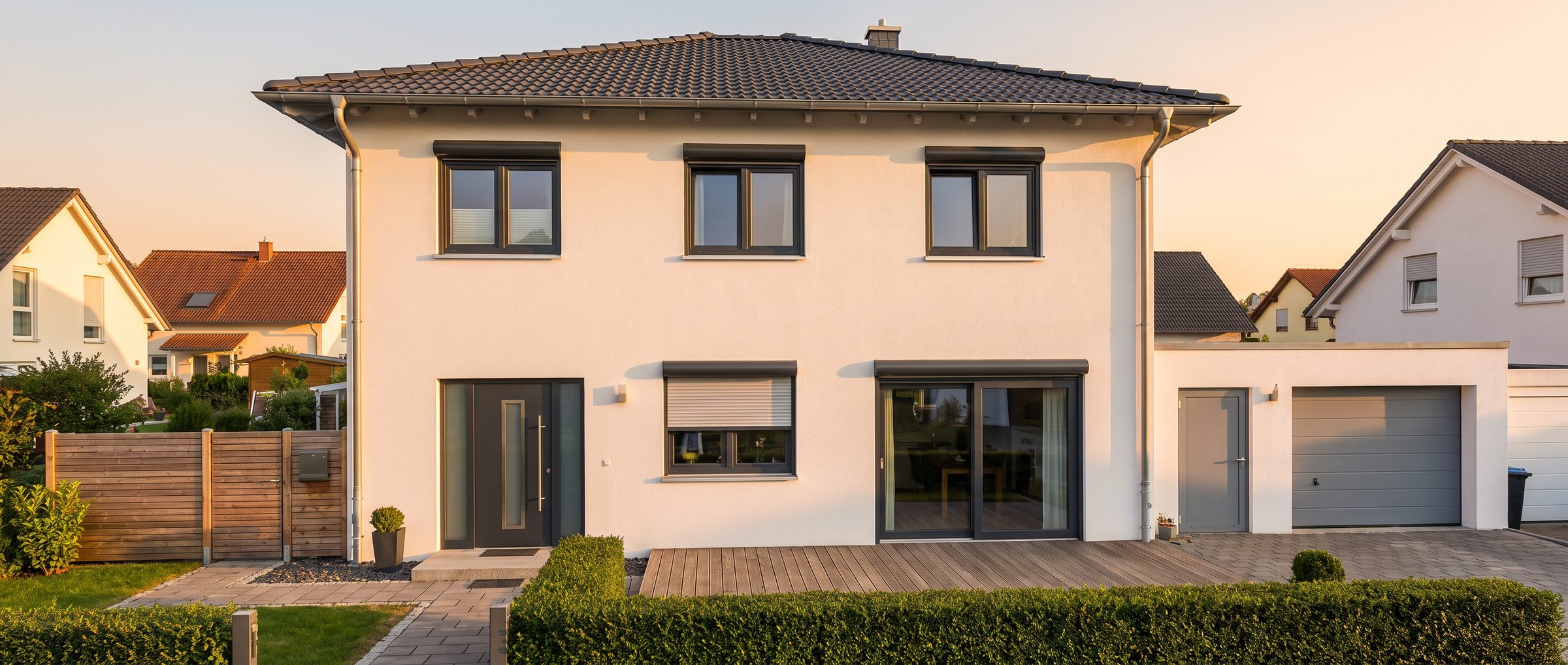 Modernes Einfamilienhaus mit Fenstern, Vorbaurollläden, Haustür, Hebeschiebetür, Sektionaltor und Nebeneingangstür