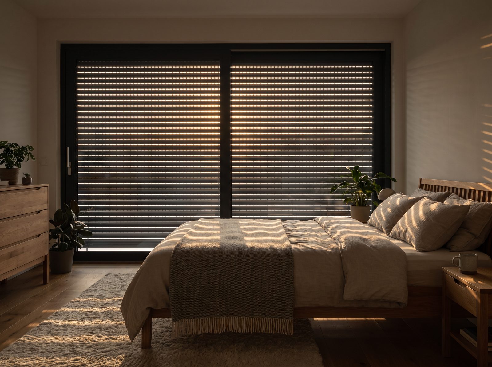 Ruhiges Schlafzimmer am Morgen mit fast geschlossenem Rollladen und feinen Lichtstreifen