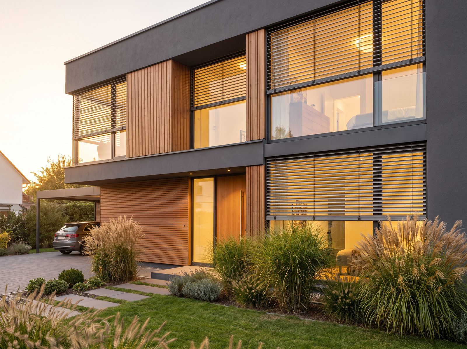 Moderne Hausfassade mit halb gesenkten Raffstores im goldenen Abendlicht