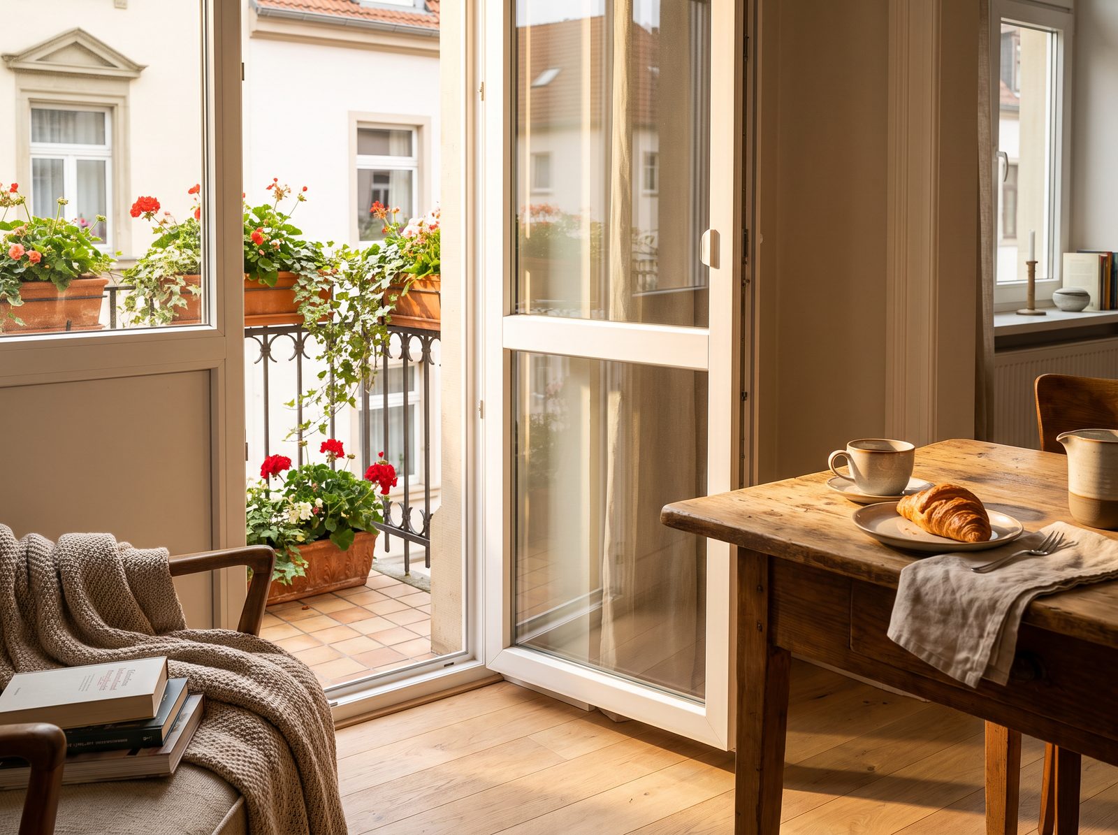 Frühstück an der geöffneten Balkontür mit Morgensonne und Blumenkästen