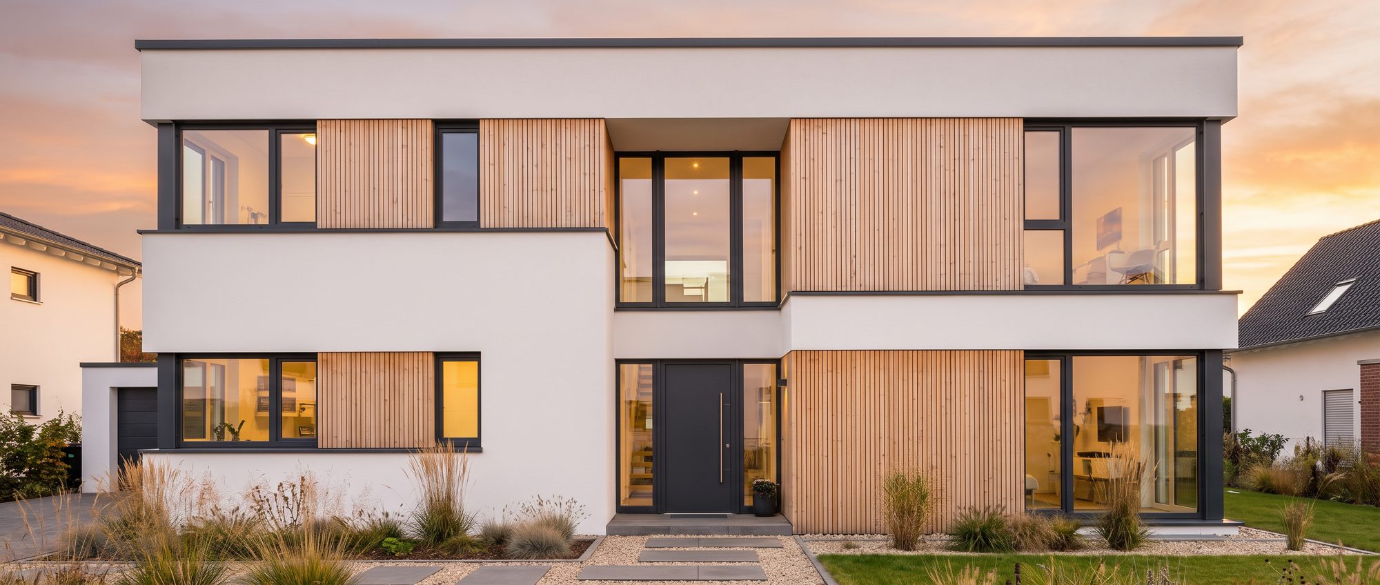 Moderne Hausfassade mit anthrazitfarbenen Holz-Alu-Fenstern und Holzverkleidung