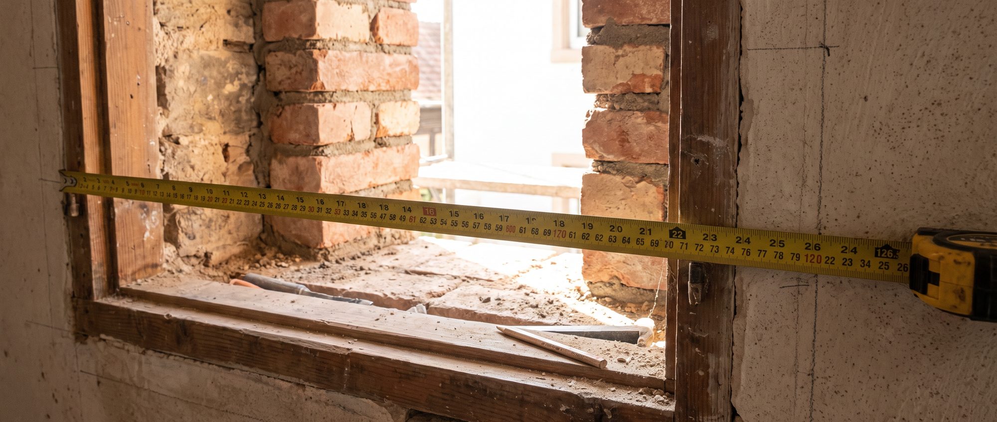 Maßband an einer Maueröffnung im Rohbau — jedes Fenster millimetergenau nach Maß