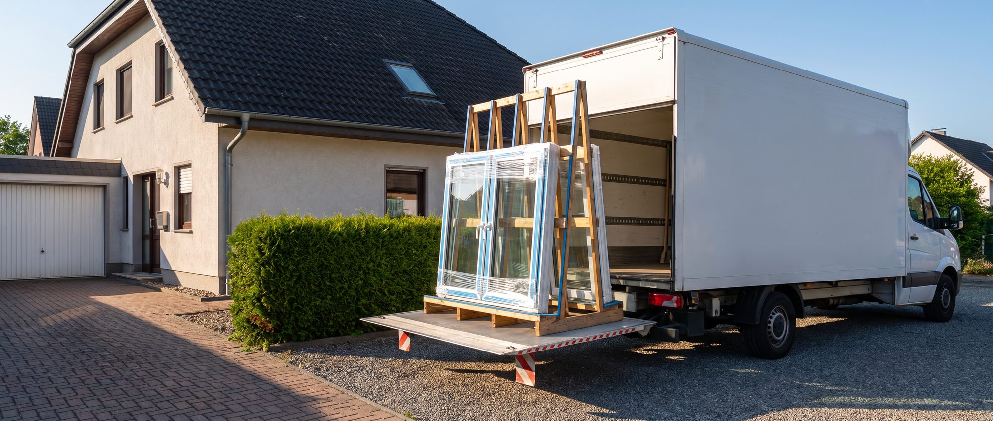 Speditionslieferung von Fenstern auf Spezialgestell vor einem Wohnhaus
