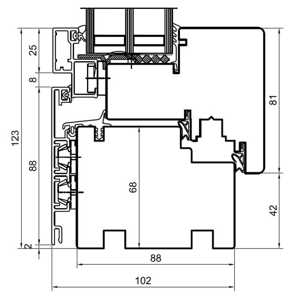 Technischer Profilquerschnitt Duoline-88 (Kiefer + Alu)